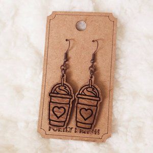 5/$25 Iced Coffee Frappuccino Earrings Dangle Wooden w/Heart